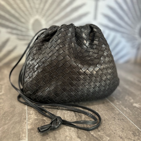 Vtg Bottega Veneta Intrecciato Drawstring Pouch Bag Blk Woven Leather Italy - Picture 2 of 16
